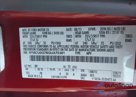 2016 Ford Escape Se from USA, damaged, VIN 1FMCU0G78GUA70381